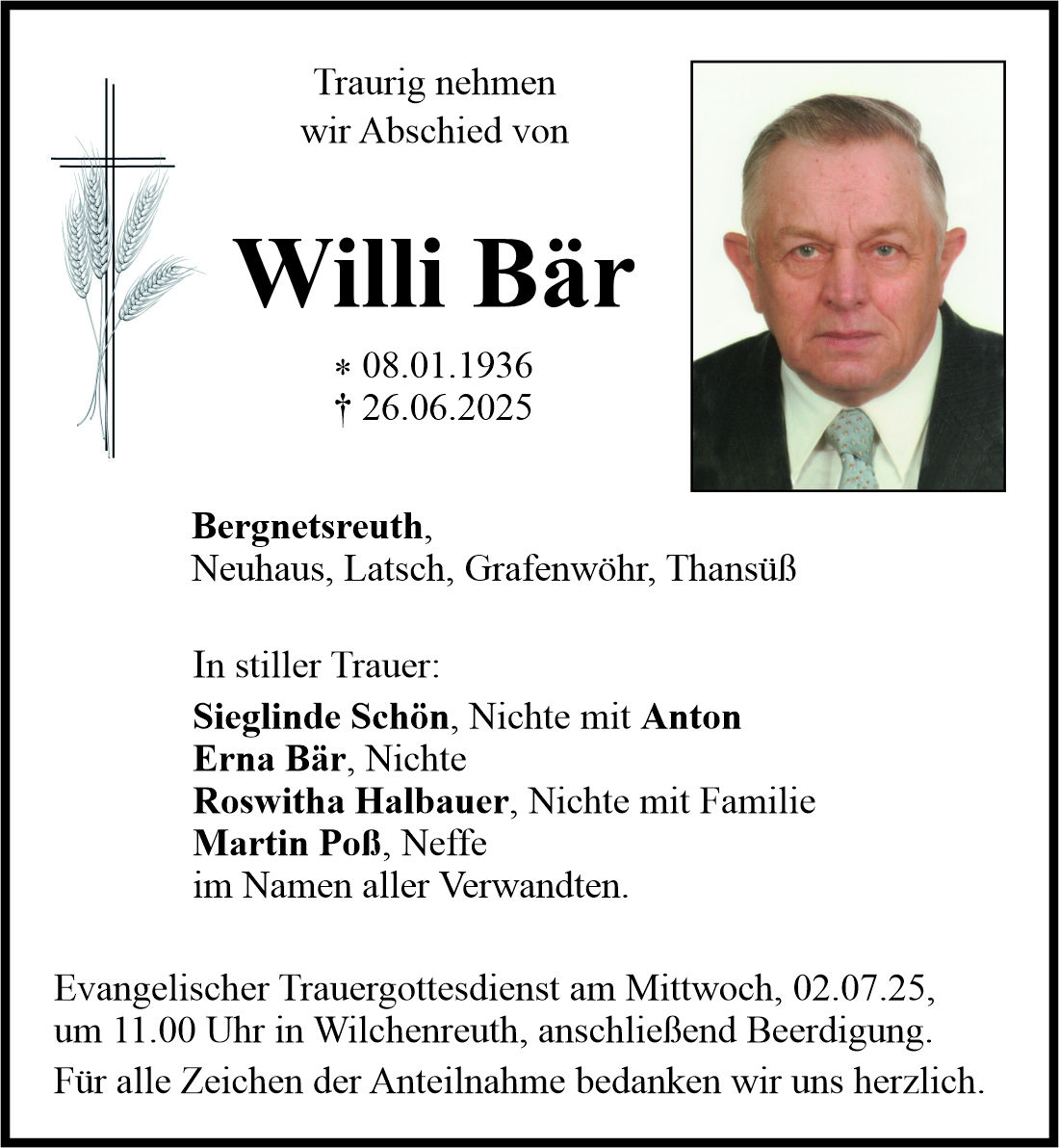 Traueranzeige Willi Bär, Wilchenreuth