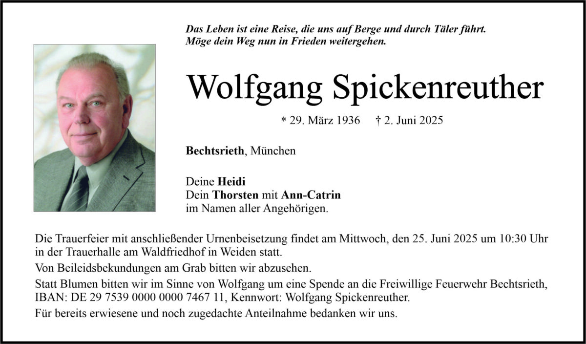 Traueranzeige Wolfgang Spickenreuther, Bechtsrieth