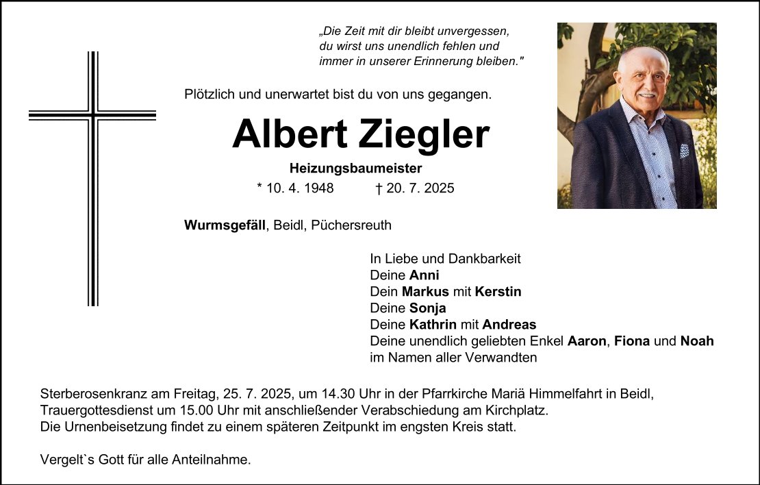 Traueranzeige Albert Ziegler, Wurmsgefäll