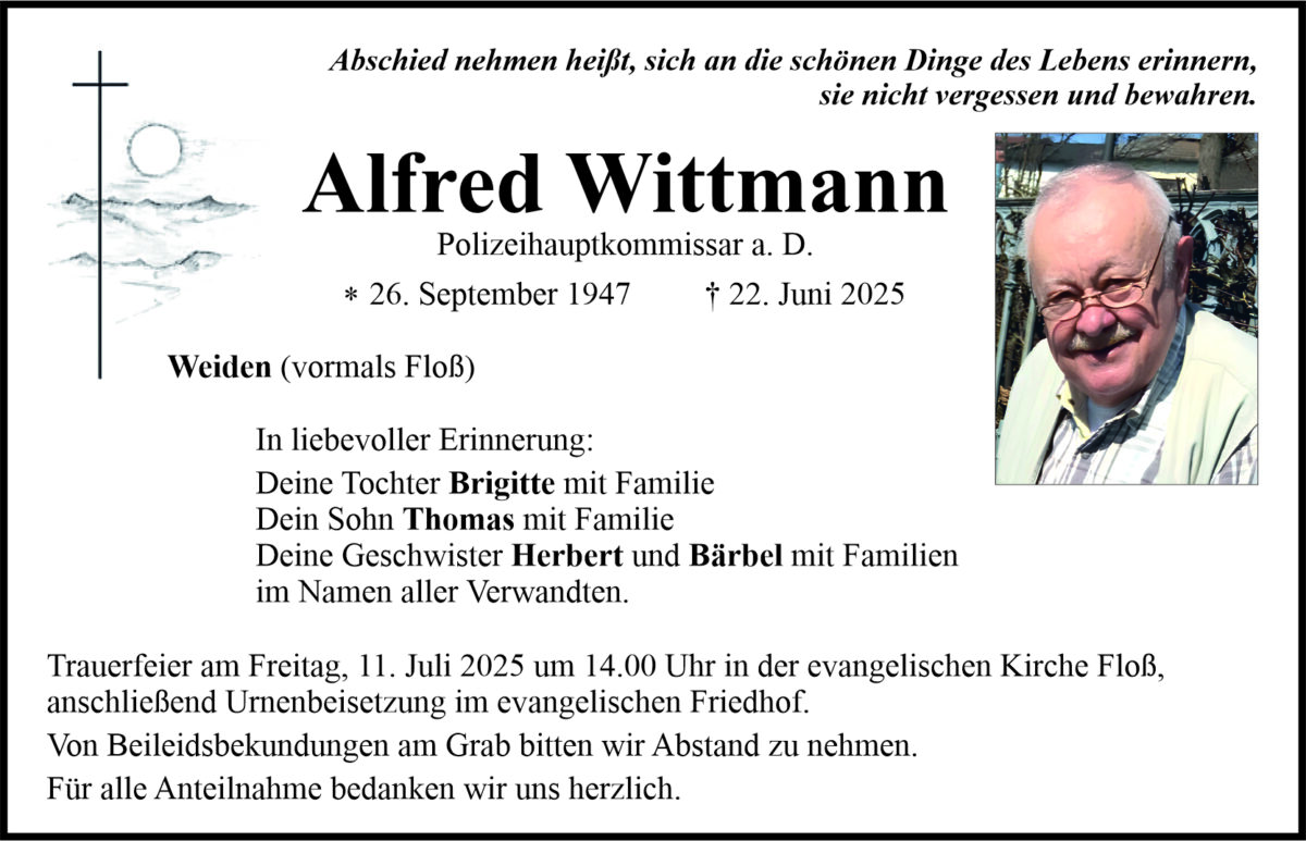 Traueranzeige Alfred Wittmann, Weiden