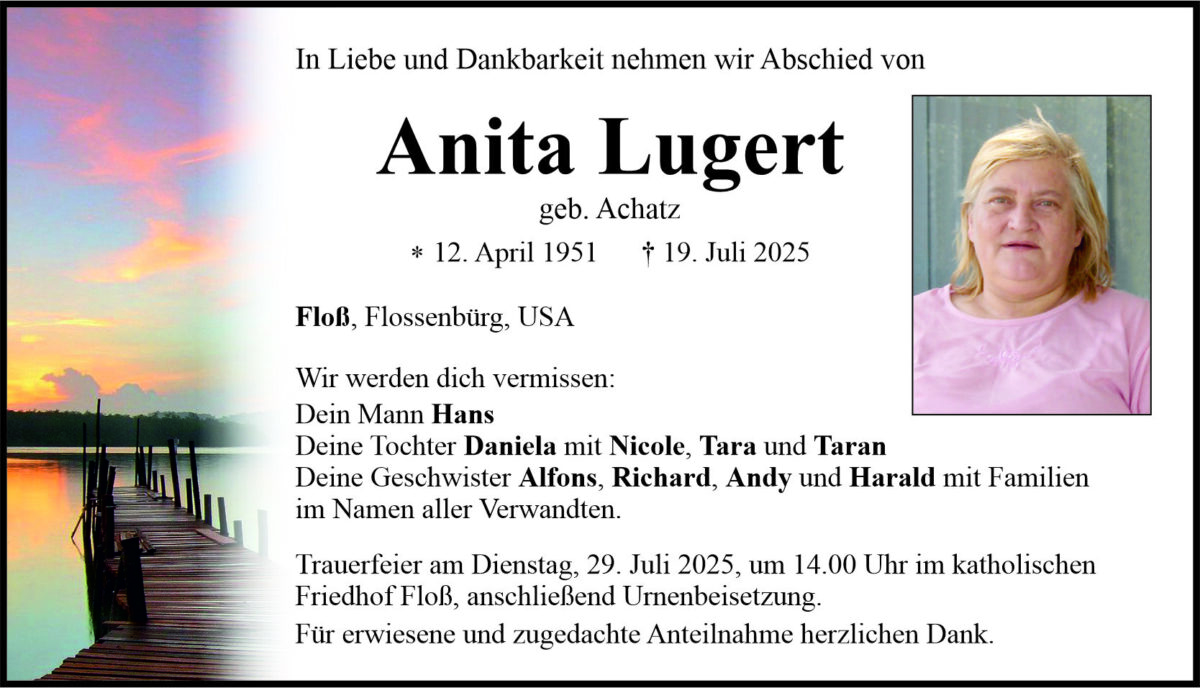 Traueranzeige Anita Lugert, Floß