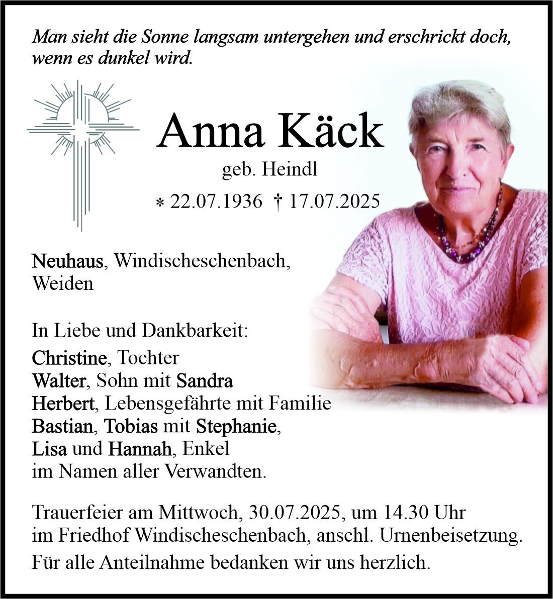 Traueranzeige Anna Käck, Neuhaus