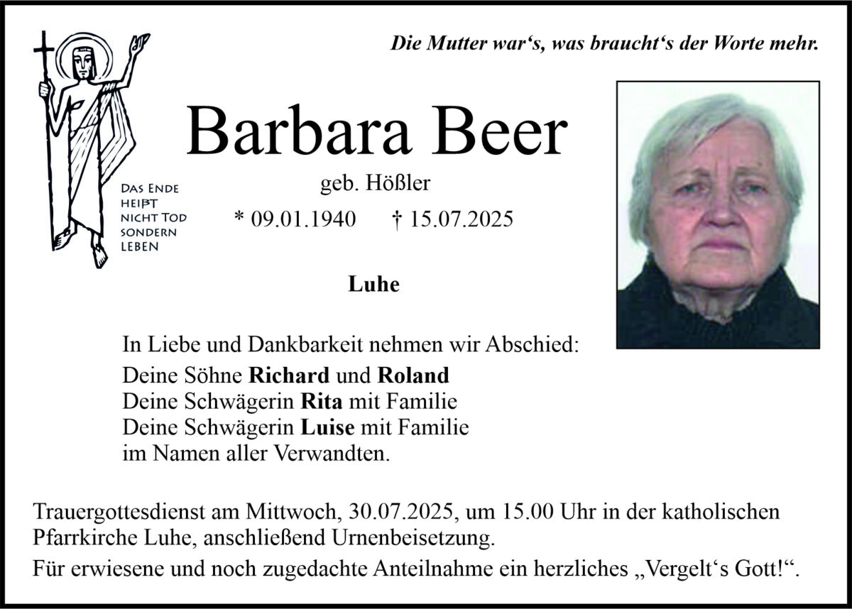 Traueranzeige Barbara Beer, Luhe