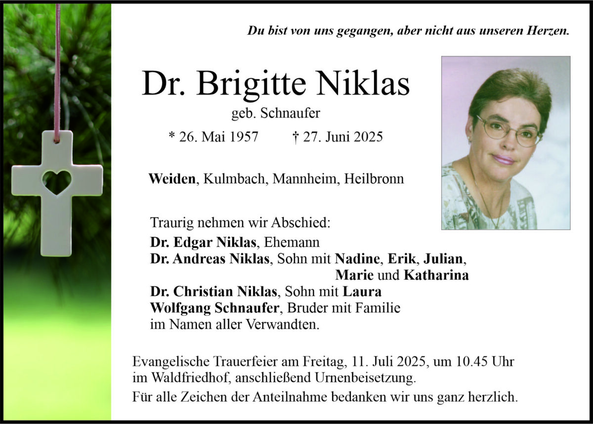 Traueranzeige Brigitte Niklas, Weiden