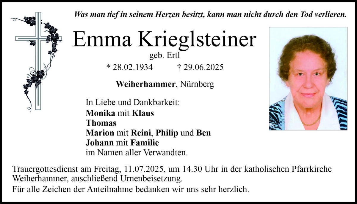 Traueranzeige Emma Krieglsteiner, Weiherhammer