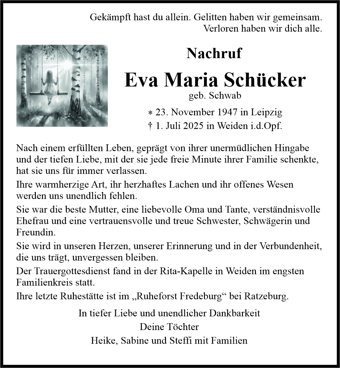 Traueranzeige Eva Maria Schücker, Weiden