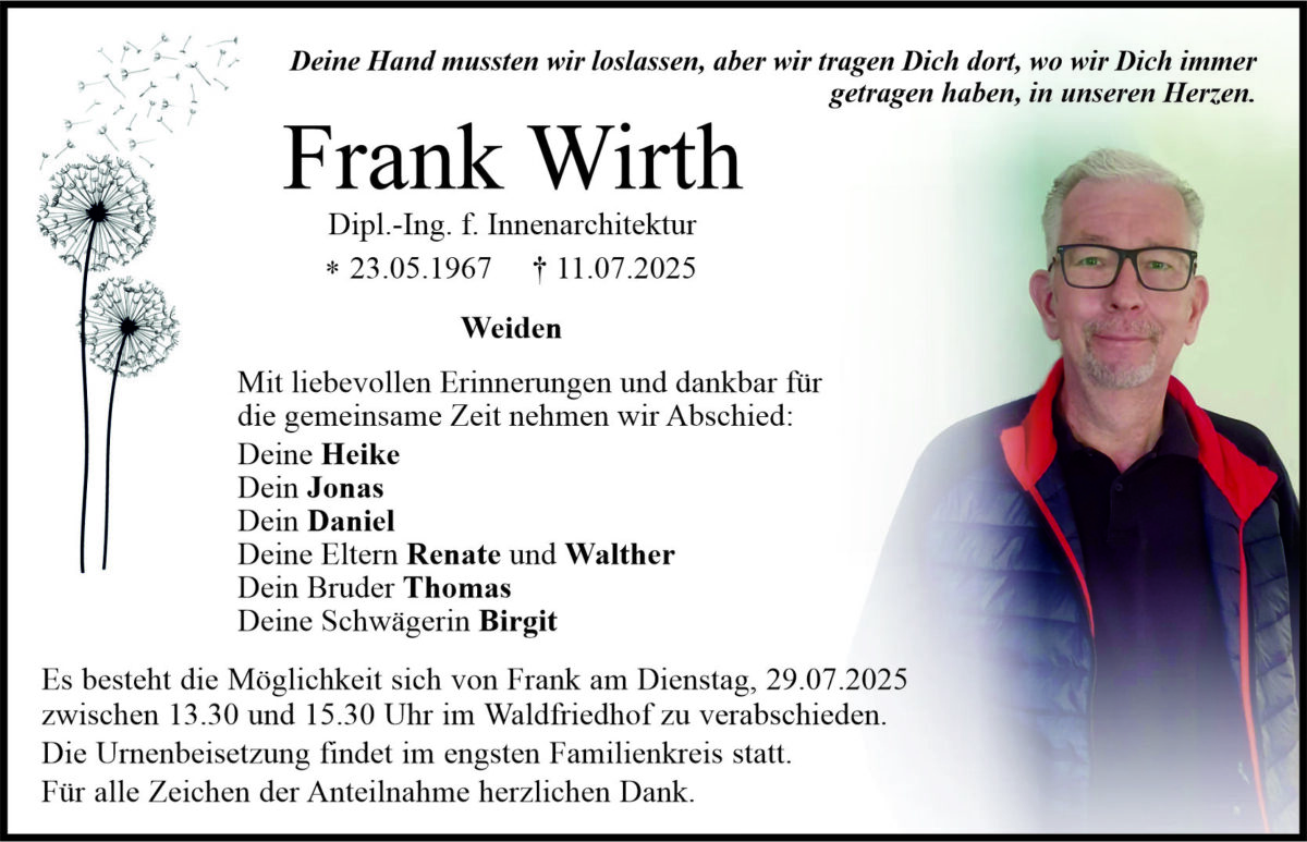 Traueranzeige Frank Wirth, Weiden