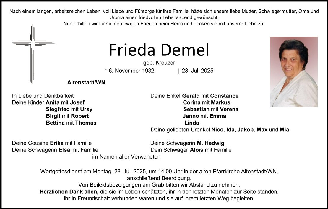 Traueranzeige Frieda Demel, Altenstadt/WN