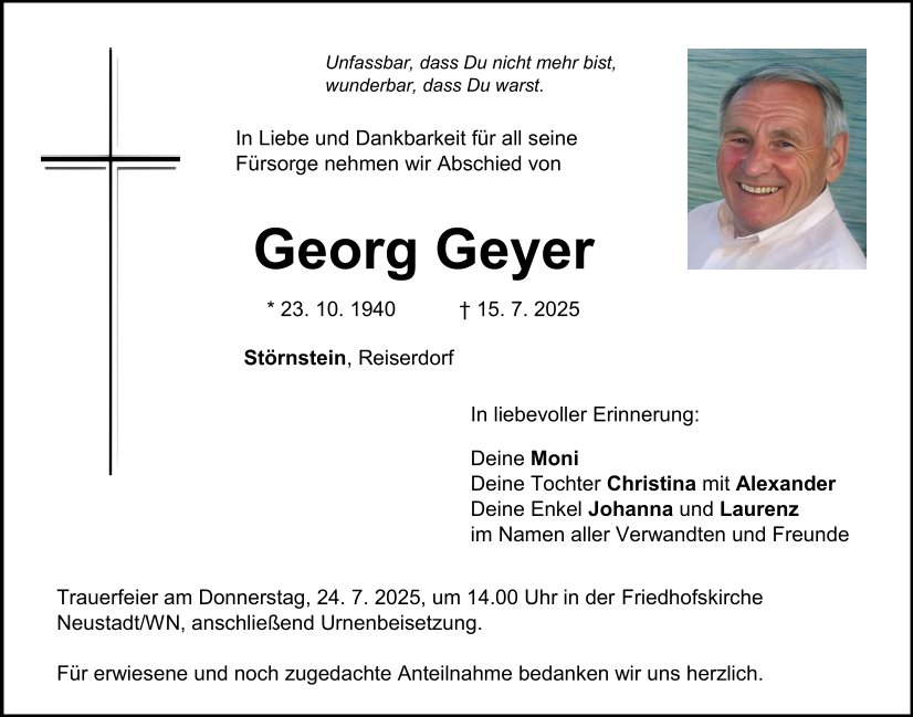 Traueranzeige Georg Geyer, Störnstein