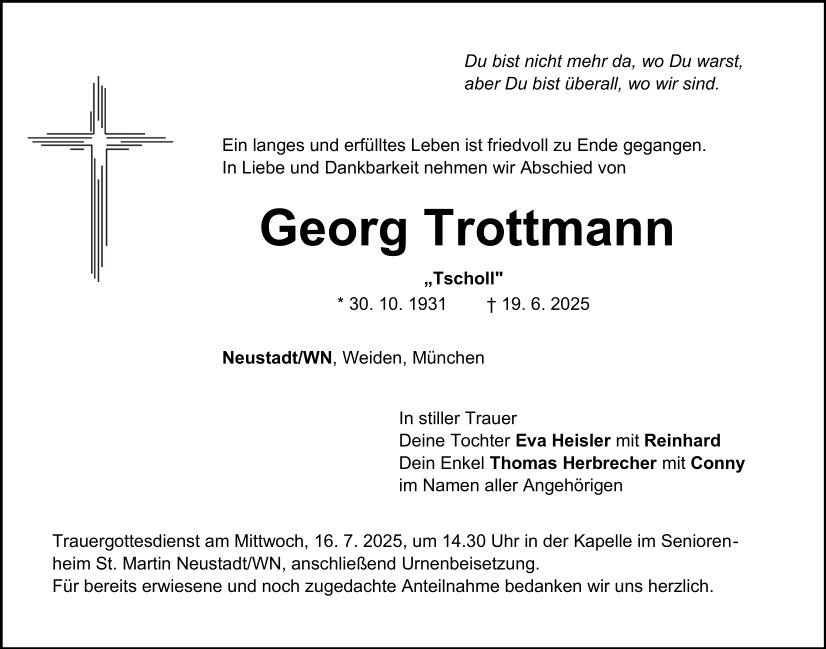 Traueranzeige Georg Trottmann, Neustadt/WN