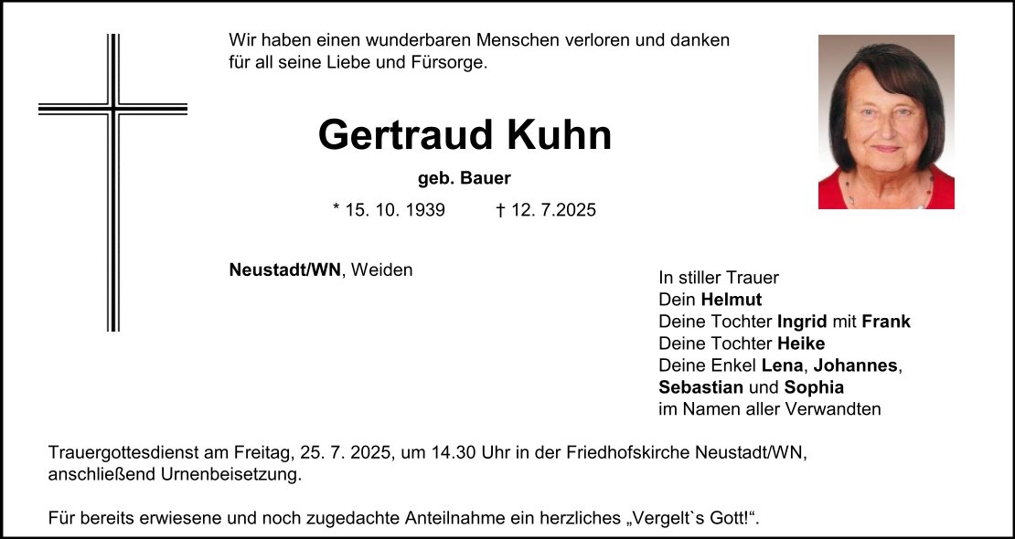 Traueranzeige Gertraud Kuhn, Neustadt/WN