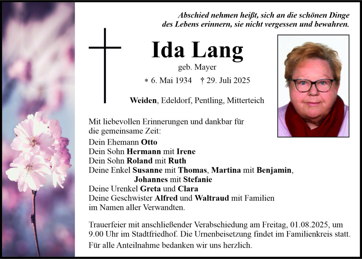 Traueranzeige Ida Lang, Weiden