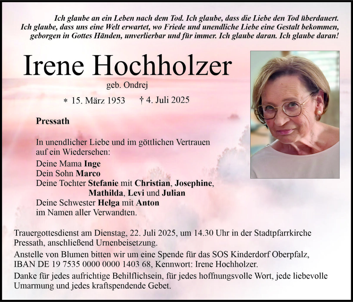 Traueranzeige Irene Hochholzer, Pressath