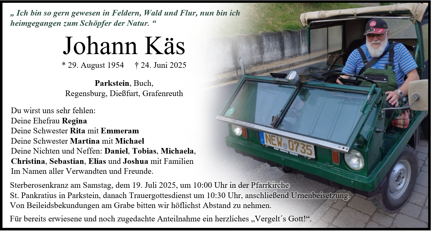 Traueranzeige Johann Käs, Parkstein