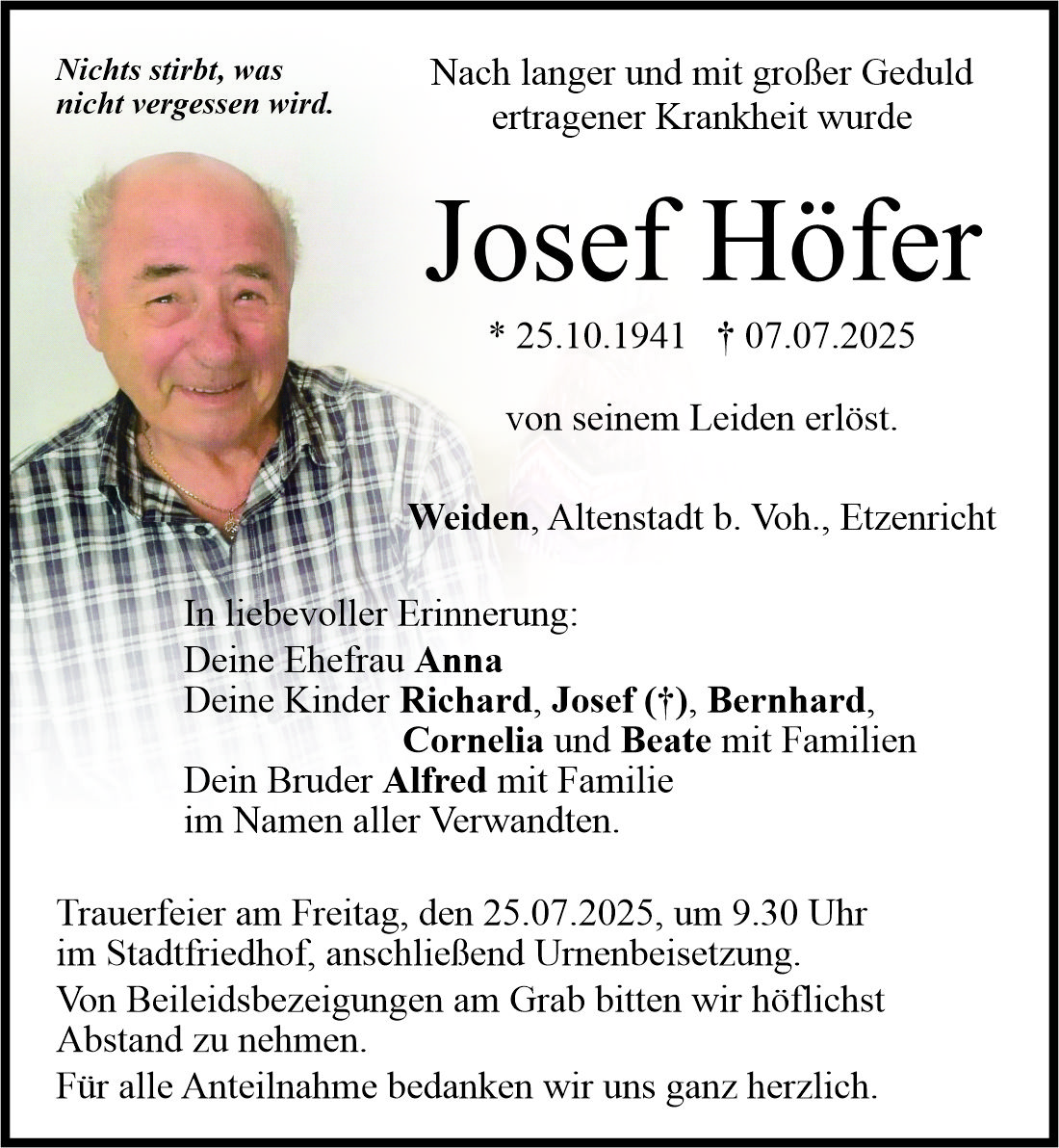 Traueranzeige Josef Höfer, Weiden