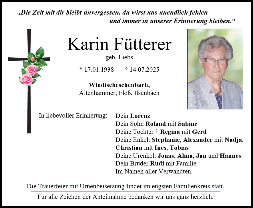 Traueranzeige Karin Fütterer, Windischeschenbach