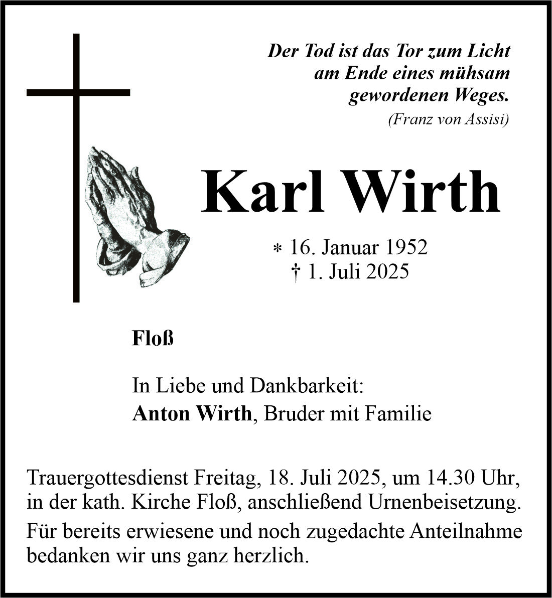 Traueranzeige Karl Wirth, Floß