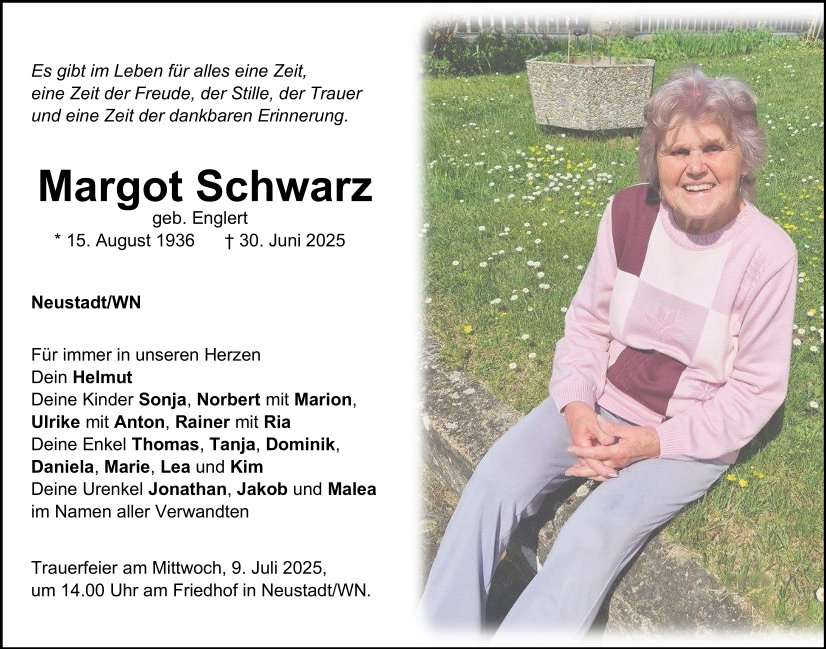 Traueranzeige Margot Schwarz, Neustadt/WN