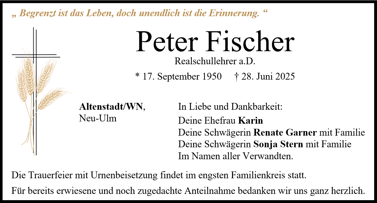 Traueranzeige Peter Fischer, Altenstadt/WN