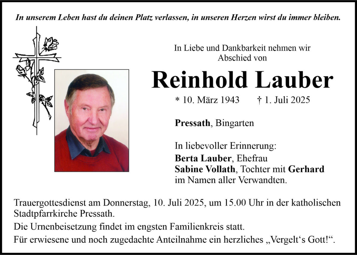 Traueranzeige Reinhold Lauber, Pressath