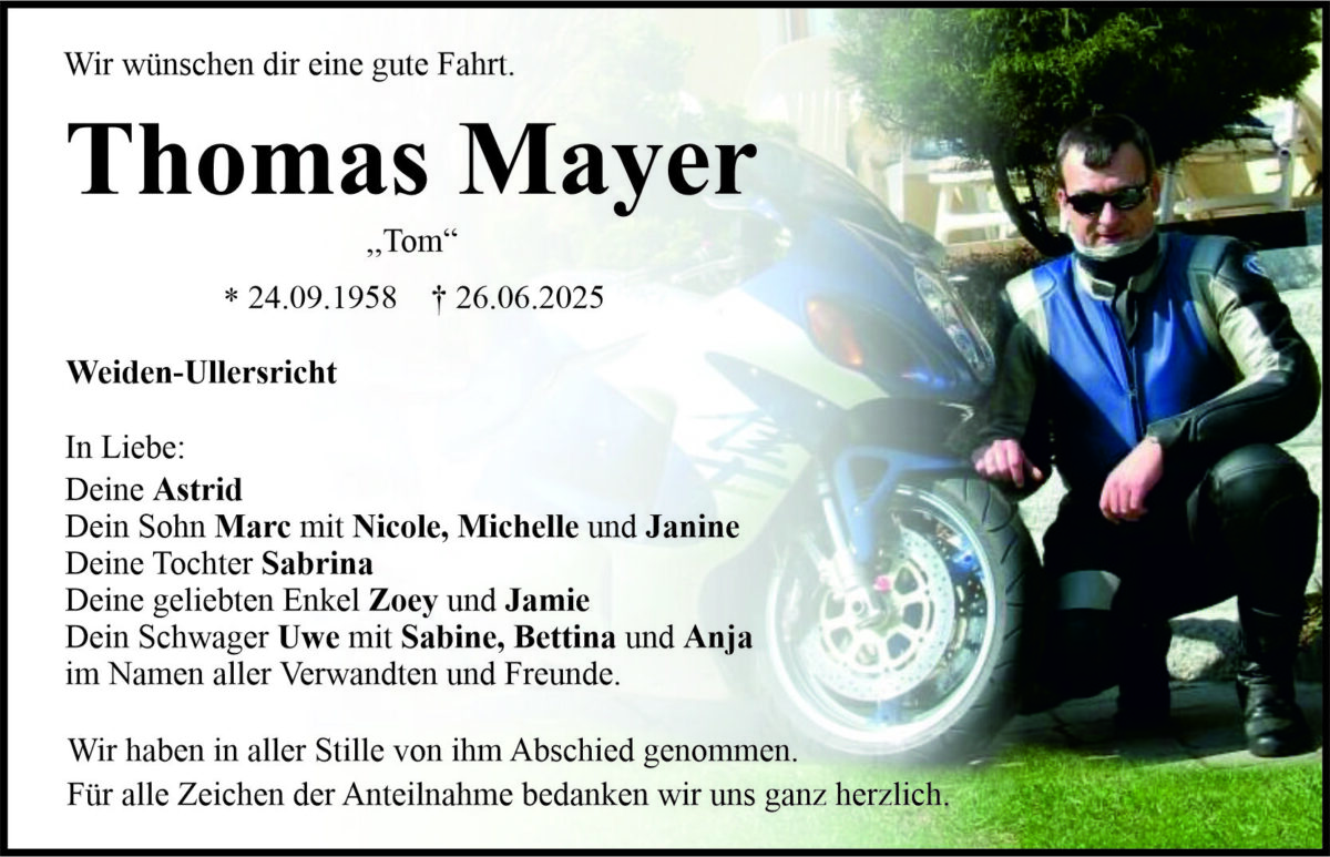 Traueranzeige Thomas Mayer, Weiden-Ullersricht