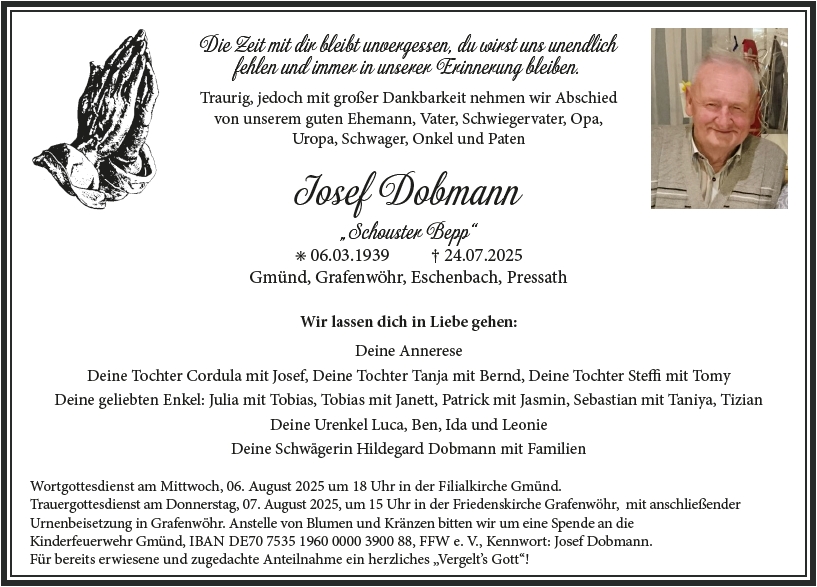 Traueranzeige Josef Dobmann, Gmünd