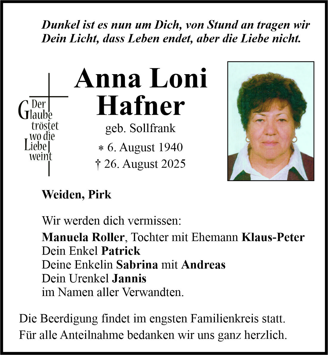 Traueranzeige Anna Loni Hafner, Weiden