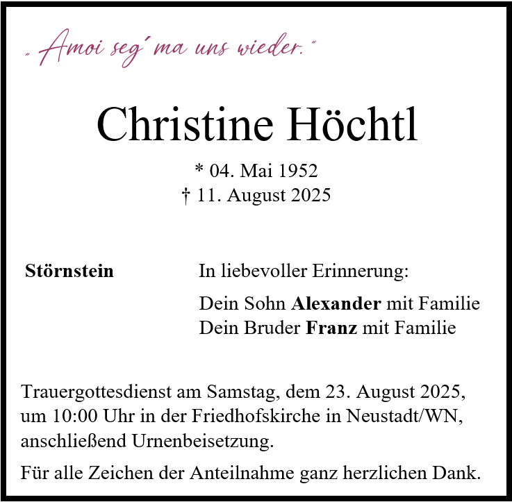 Traueranzeige Christine Höchtl, Störnstein