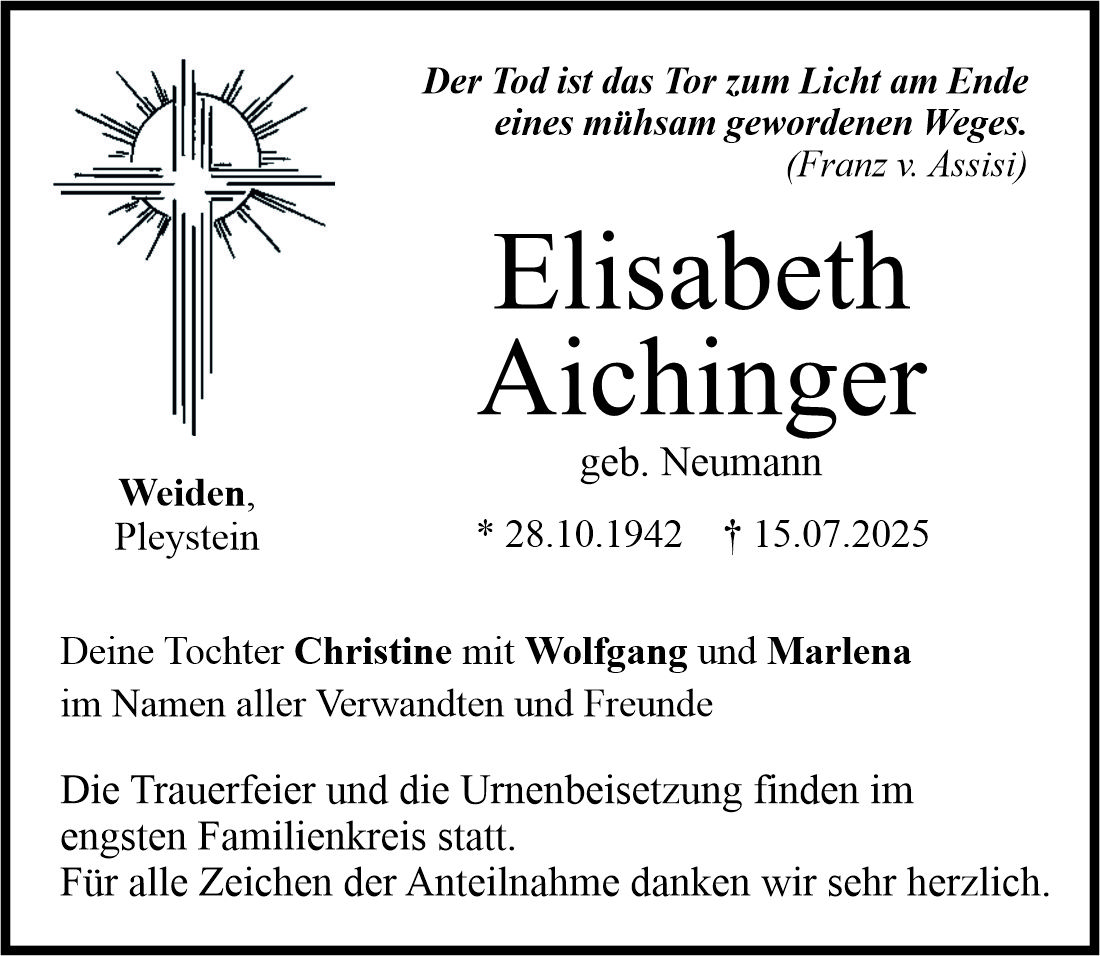 Traueranzeige Elisabeth Aichinger, Weiden