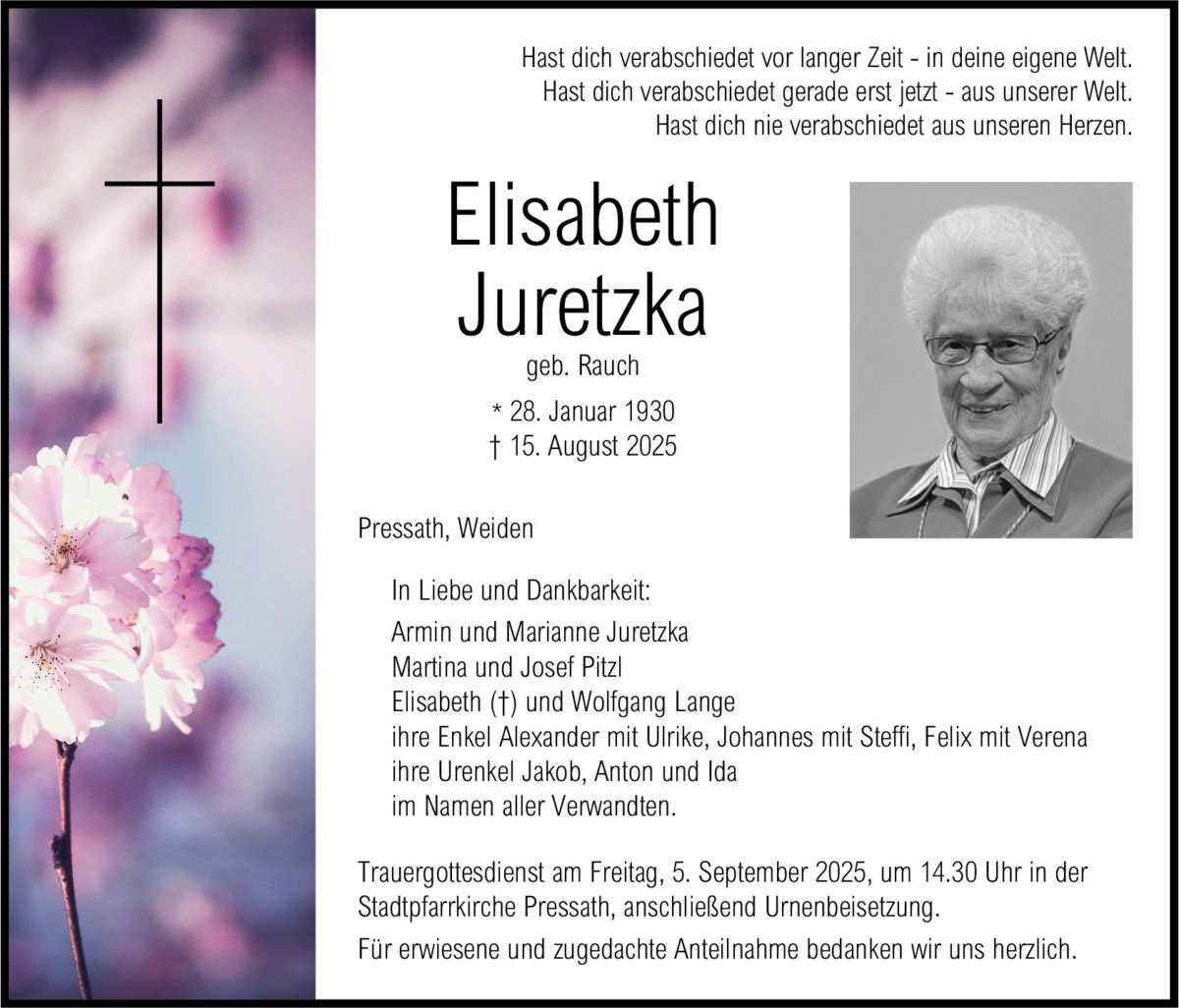 Traueranzeige Elisabeth Juretzka, Pressath