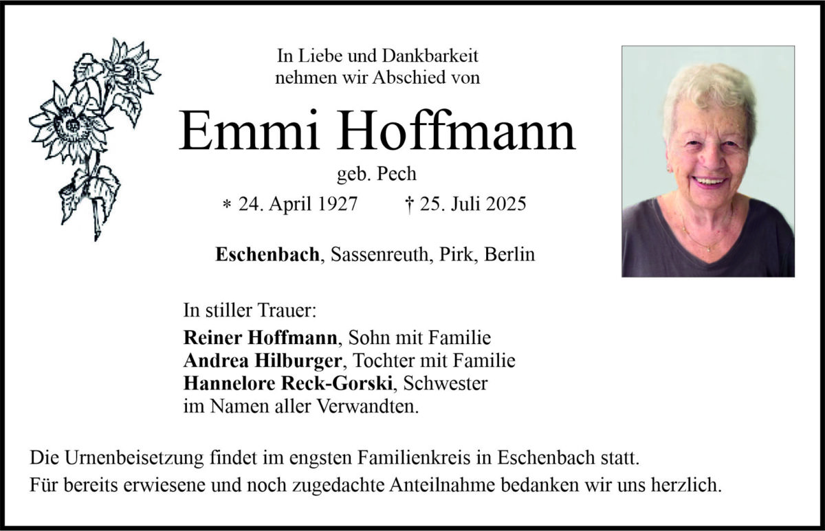 Traueranzeige Emmi Hoffmann, Eschenbach