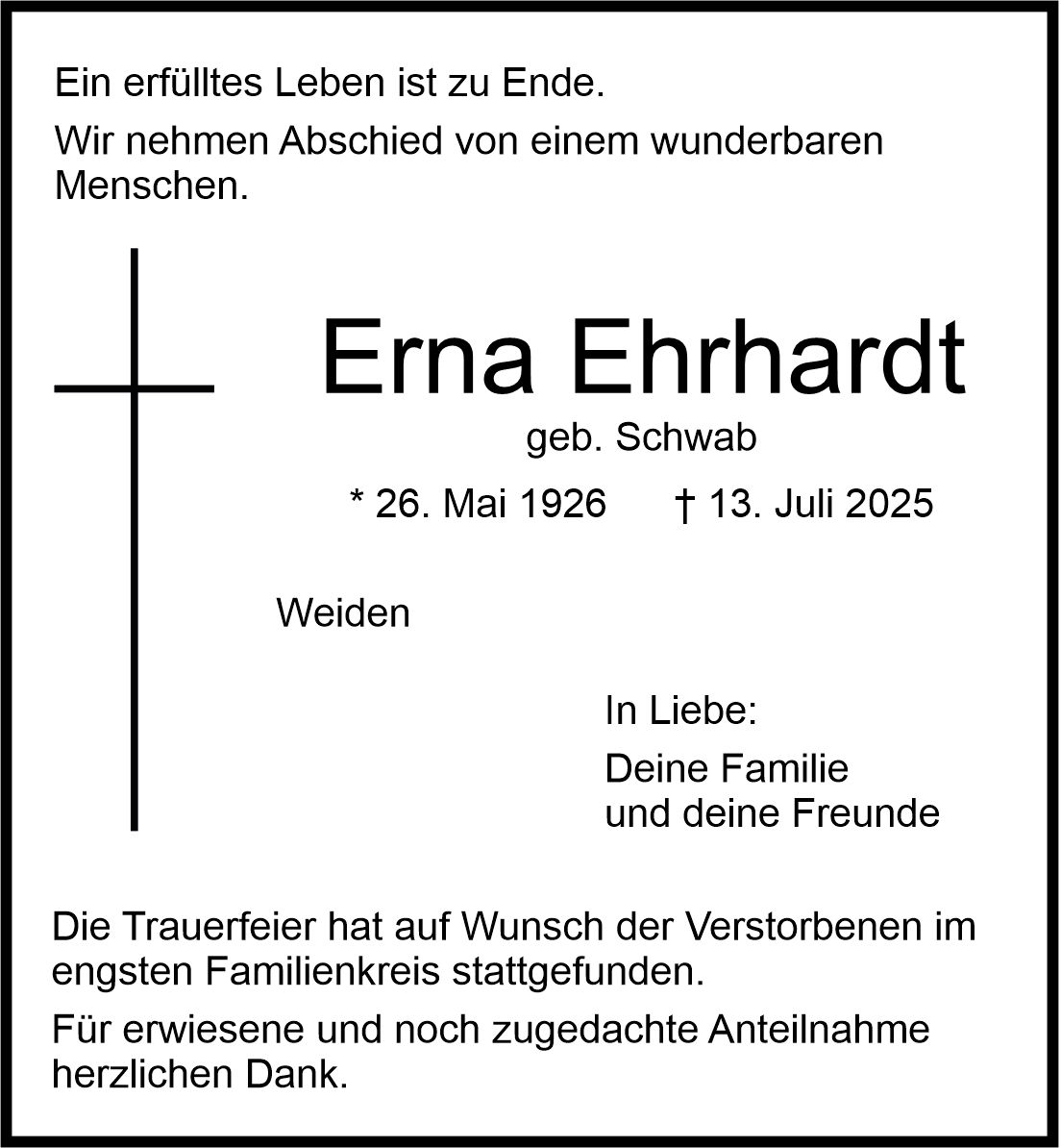 Traueranzeige Erna Ehrhardt, Weiden