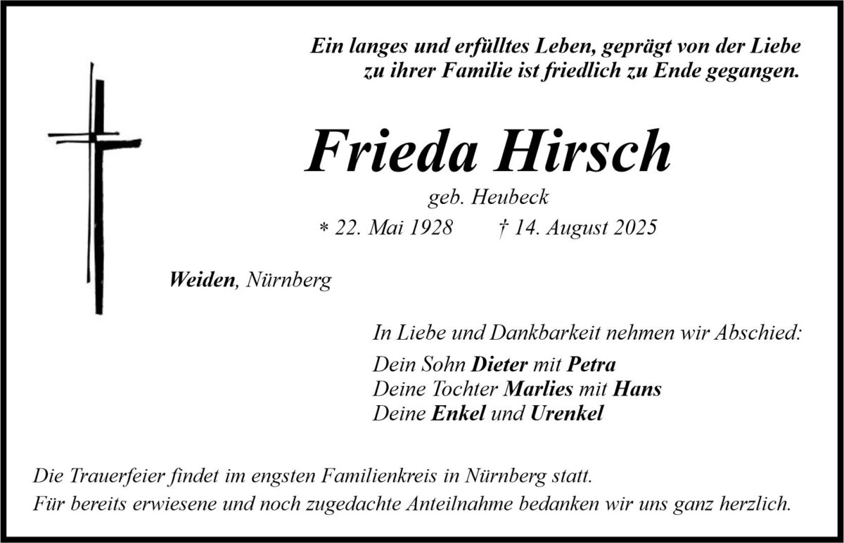 Traueranzeige Frieda Hirsch, Weiden
