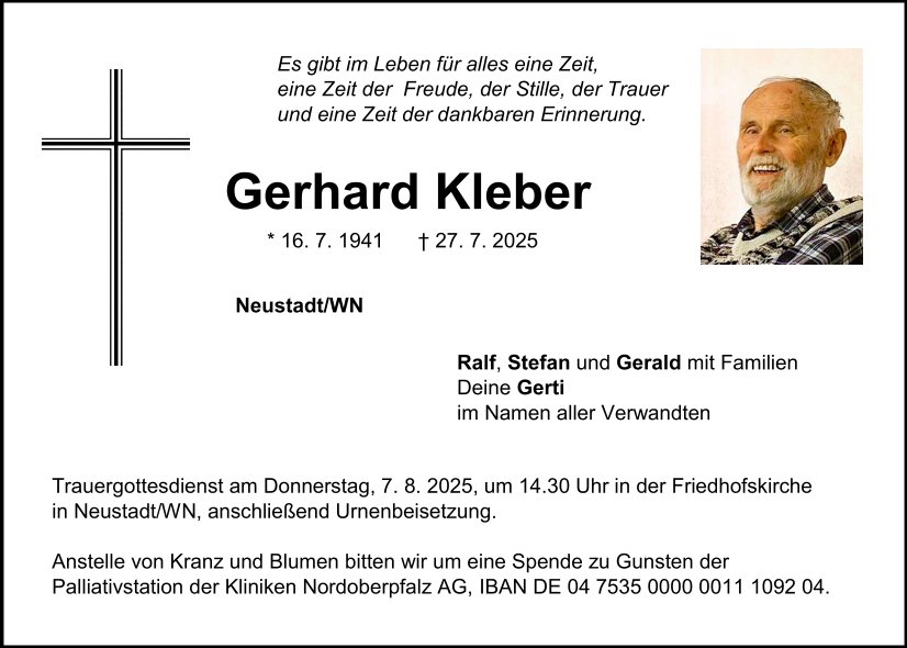 Traueranzeige Gerhard Kleber, Neustadt/WN