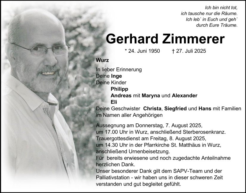 Traueranzeige Gerhard Zimmerer, Wurz
