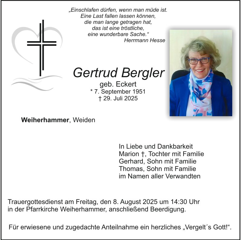 Traueranzeige Gertrud Bergler, Weiherhammer