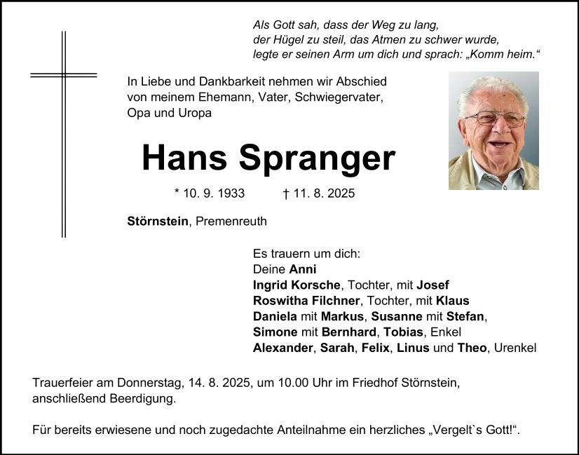 Traueranzeige Hans Spranger, Störnstein