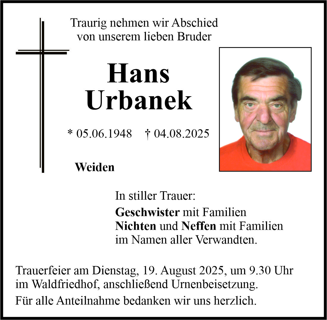 Traueranzeige Hans Urbanek, Weiden