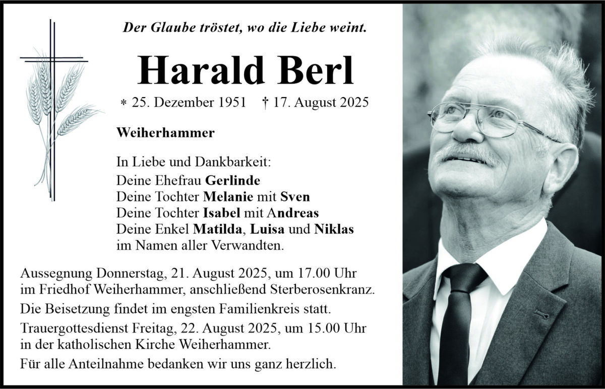 Traueranzeige Harald Berl, Weiherhammer