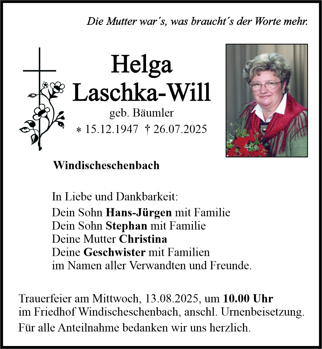 Traueranzeige Helga Laschka-Will, Windischeschenbach