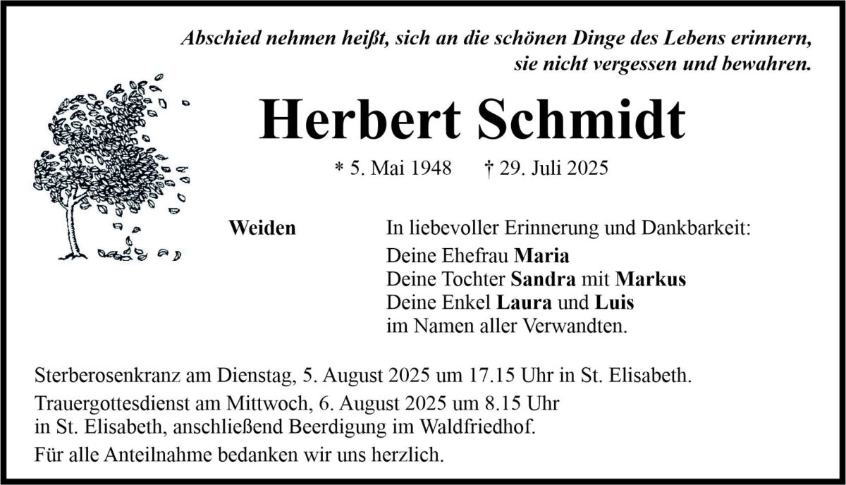 Traueranzeige Herbert Schmidt, Weiden