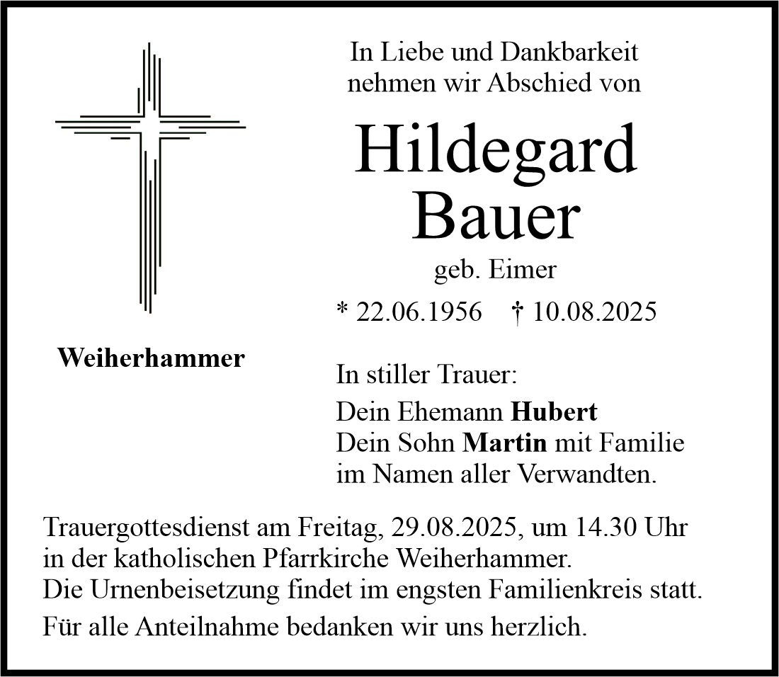 Traueranzeige Hildegard Bauer, Weiherhammer