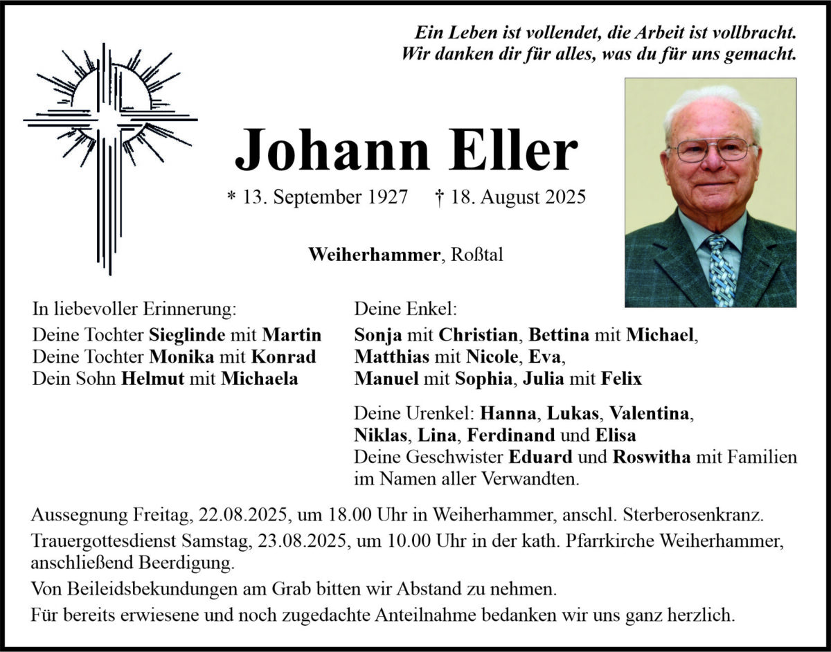 Traueranzeige Johann Eller, Weiherhammer