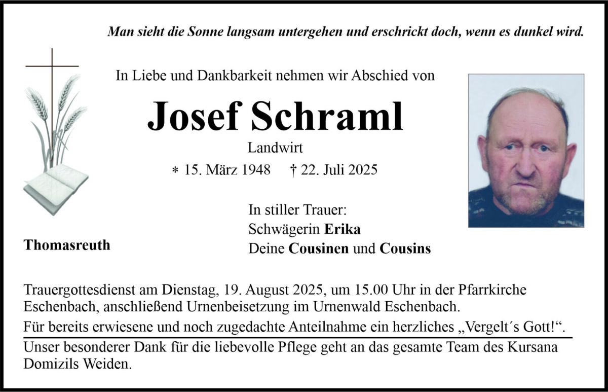 Traueranzeige Josef Schraml, Thomasreuth