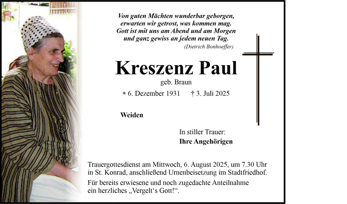Traueranzeige Kreszenz Paul, Weiden