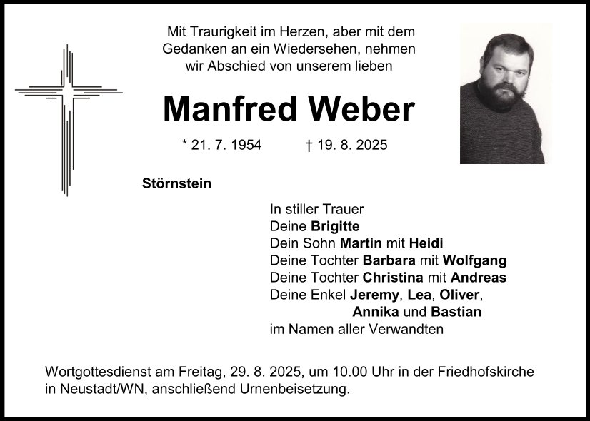 Traueranzeige Manfred Weber, Störnstein