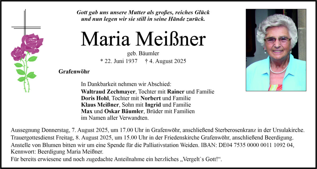 Traueranzeige Maria Meißner, Grafenwöhr