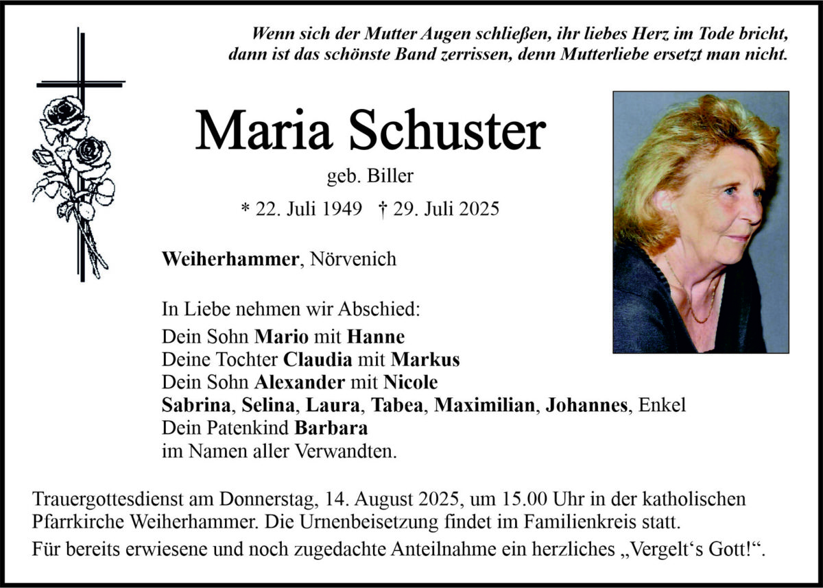 Traueranzeige Maria Schuster, Weiherhammer