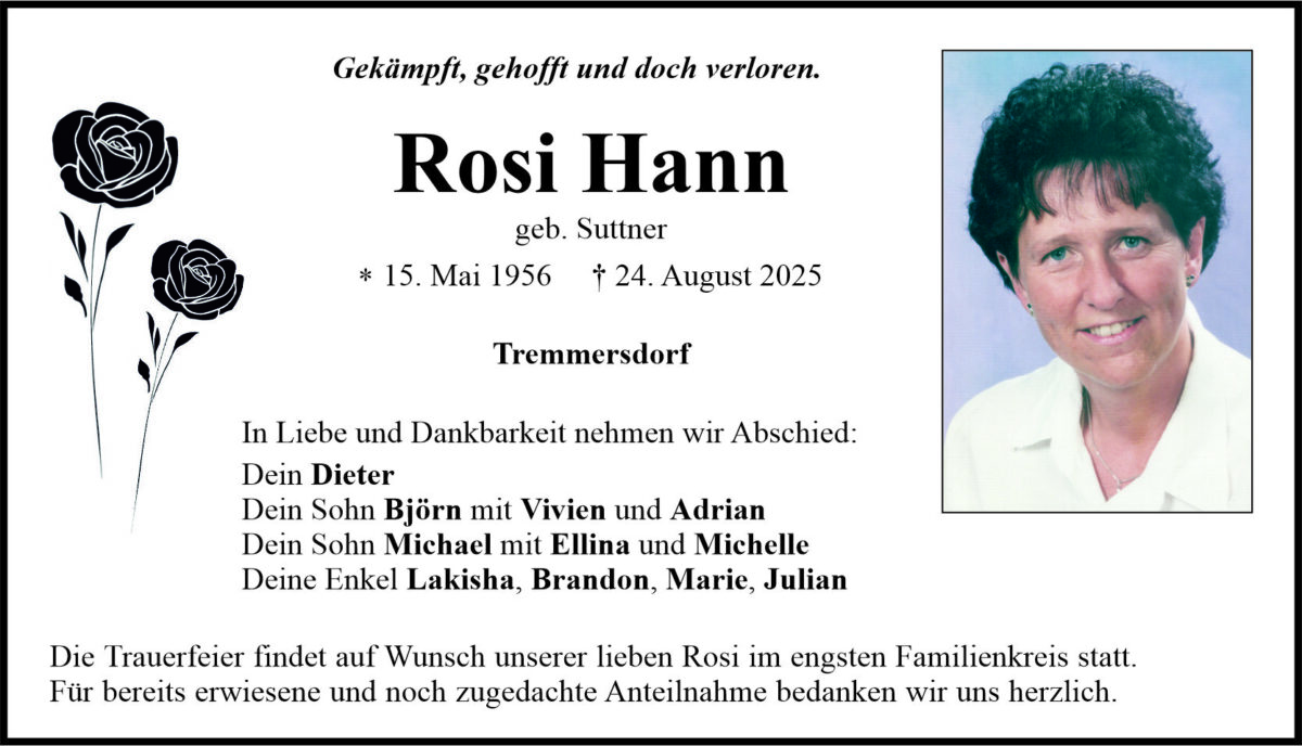 Traueranzeige Rosi Hann, Tremmersdorf