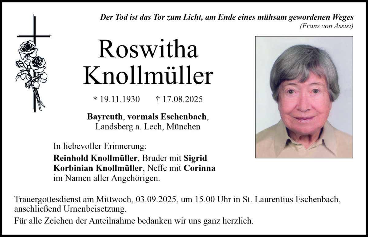 Traueranzeige Roswitha Knollmüller, Eschenbach - Bayreuth